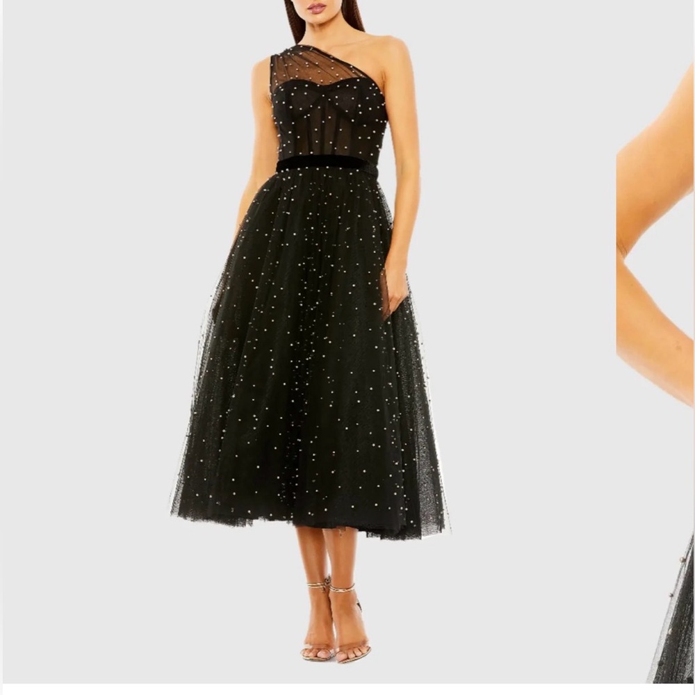 Mac Duggal Black One Shoulder Pearl Beaded Midi Ball Gown